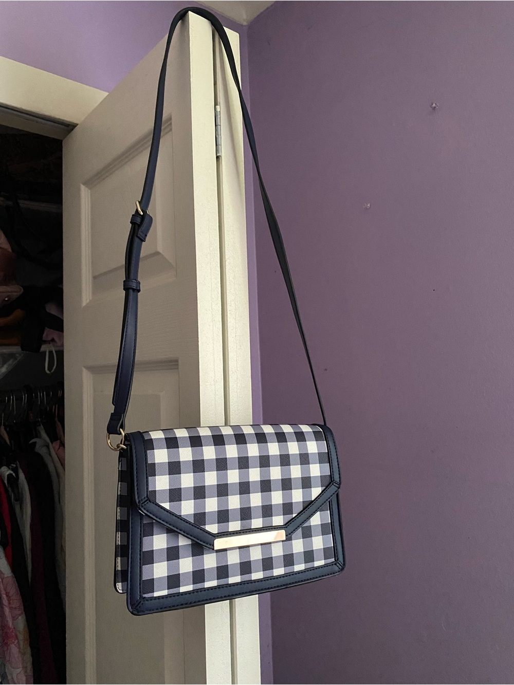 Navy Gingham Crossbody Bag - Classic Plaid Shoulder Bag